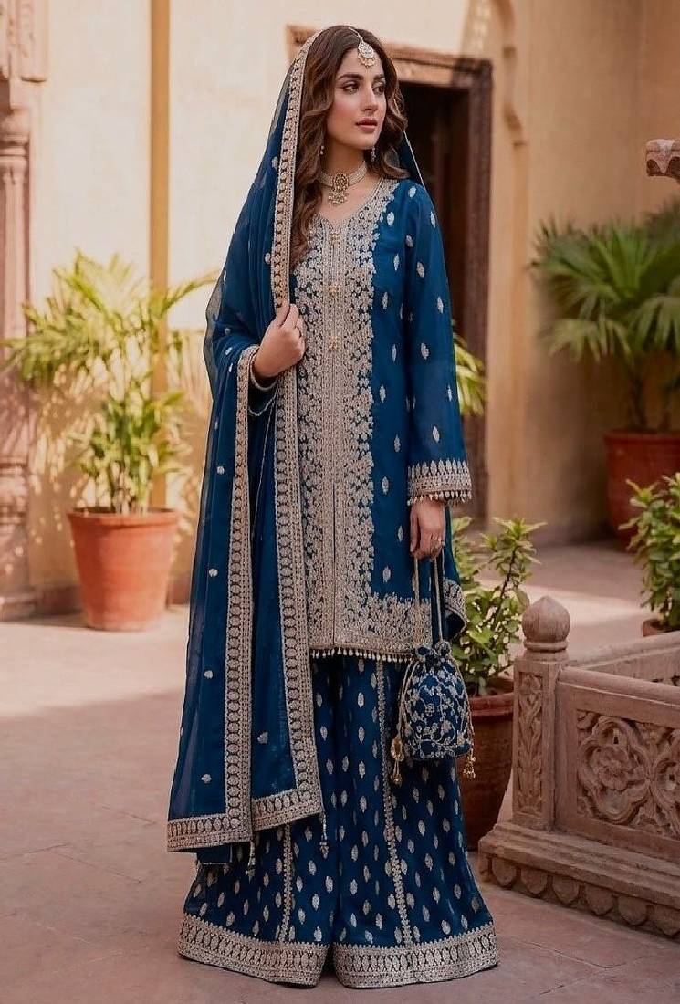 Blue embroidered sharara suit