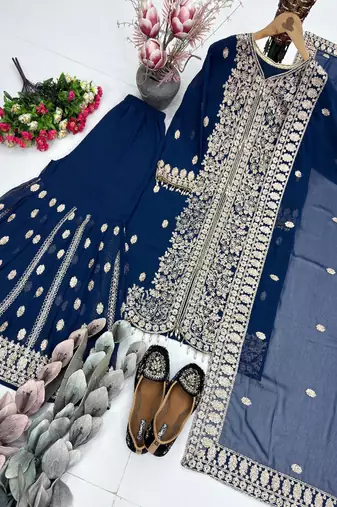 Blue embroidered sharara suit