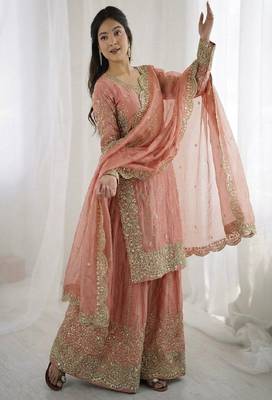 peach pink festive sharara suit 1