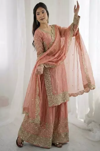 peach pink festive sharara suit