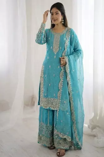 sky blue embroidered sharara set