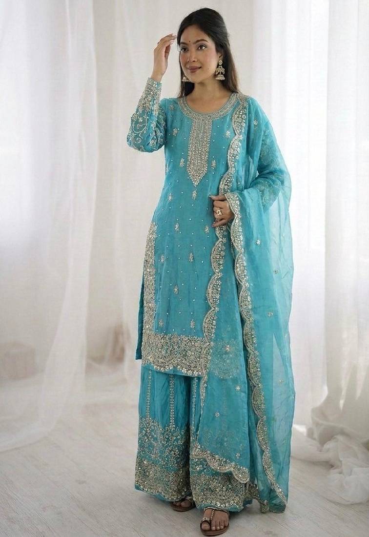 sky blue embroidered sharara set
