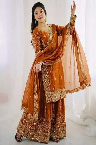 orange festive sharara suit