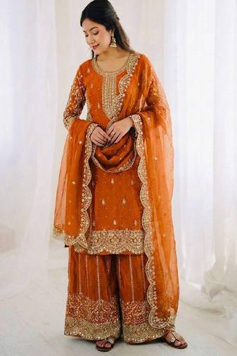 orange festive sharara suit
