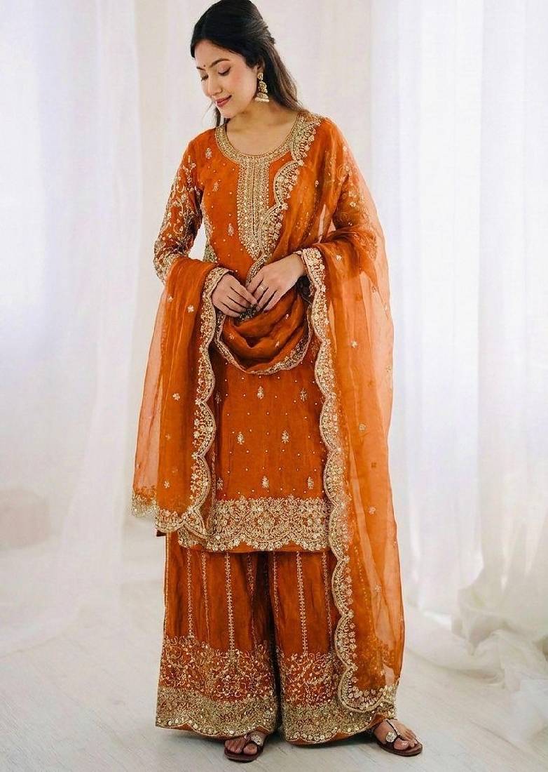 orange festive sharara suit