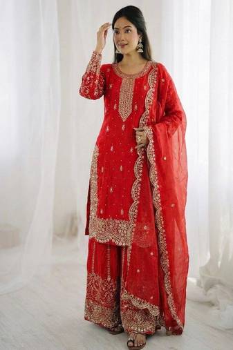 red embroidered sharara suit