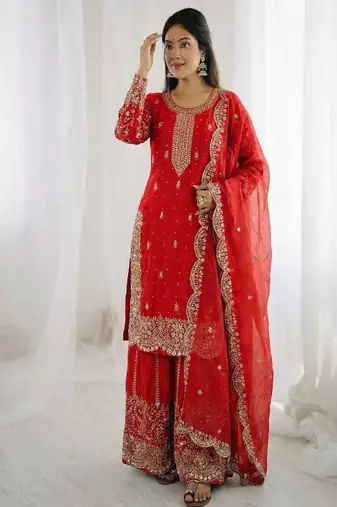 red embroidered sharara suit