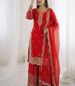 red embroidered sharara suit