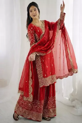 red embroidered sharara suit