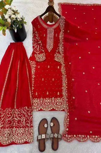 red embroidered sharara suit
