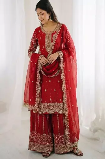 red embroidered sharara suit