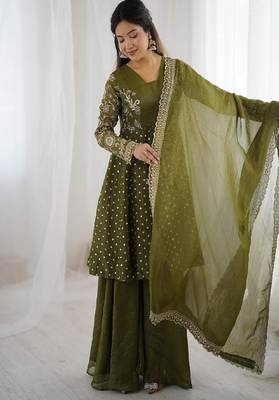 olive green designer anarkali suit 2