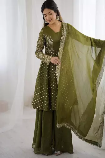olive green designer anarkali suit