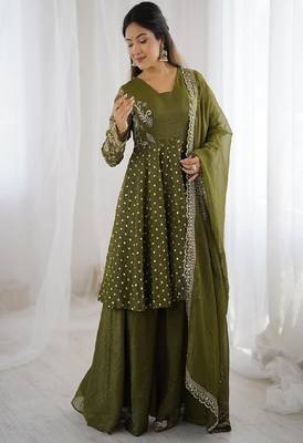 olive green designer anarkali suit 3