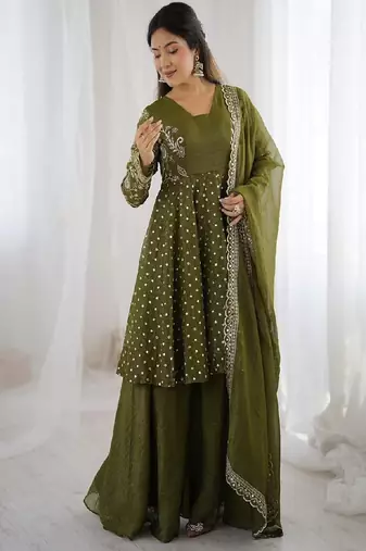 olive green designer anarkali suit