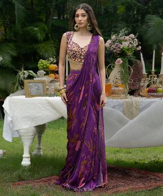 purple viscose saree with printed floral designs 1