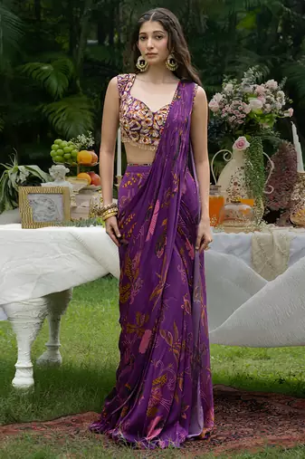 Purple printed viscose saree set