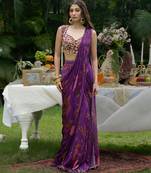 Purple printed viscose saree set