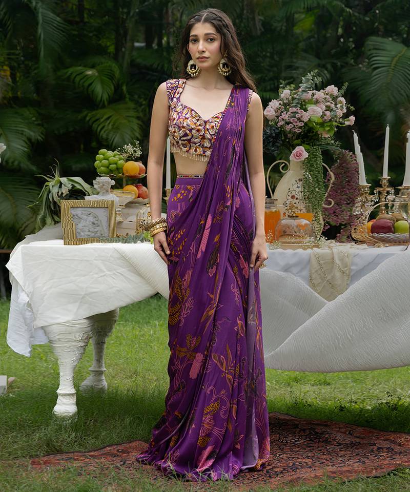 Purple printed viscose saree set