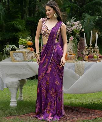 purple viscose saree with printed floral designs 2