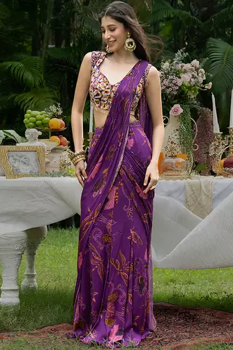 purple viscose saree with printed floral designs