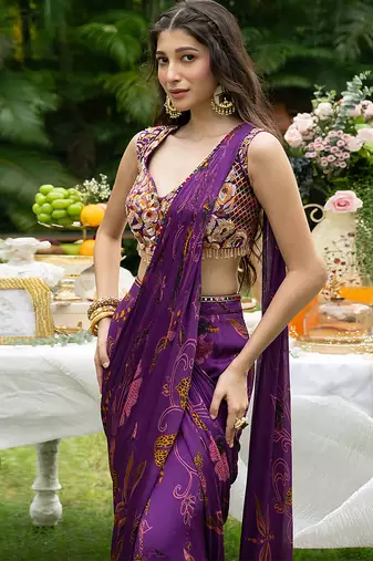 purple viscose saree with printed floral designs
