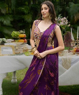 purple viscose saree with printed floral designs 4