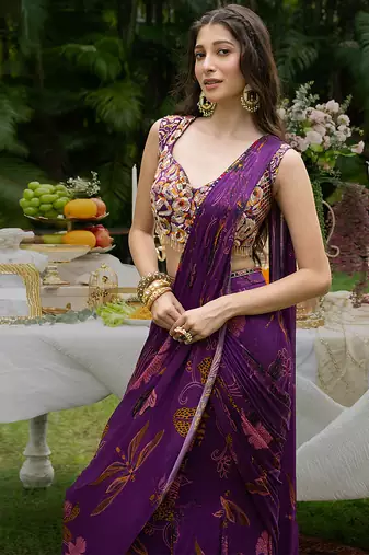 purple viscose saree with printed floral designs
