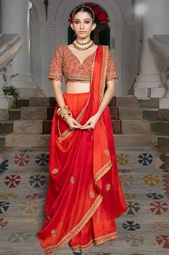 Red embroidered organza saree set