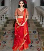 Red embroidered organza saree set
