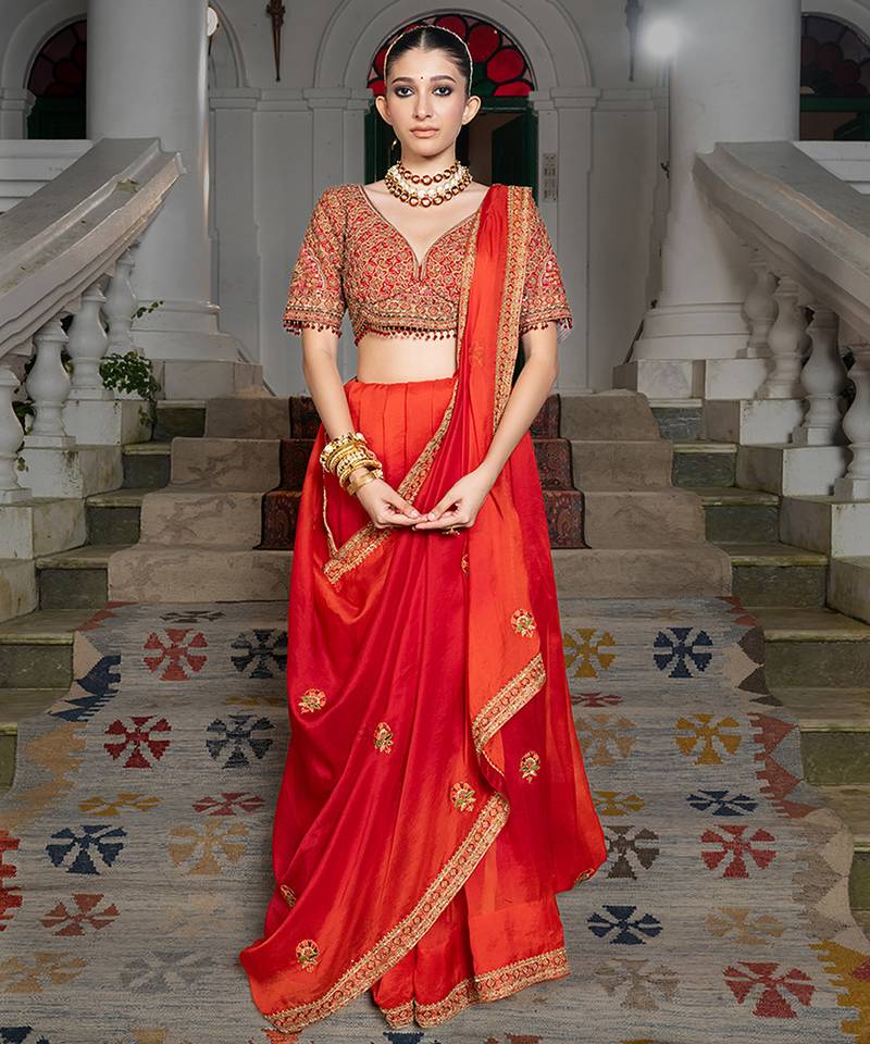 Red embroidered organza saree set