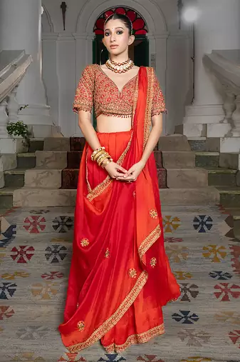 red organza saree with embroidered zari work