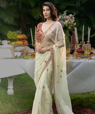 mint green organza saree with embroidered floral work 1