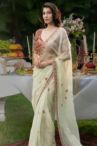 Mint green embroidered organza saree set