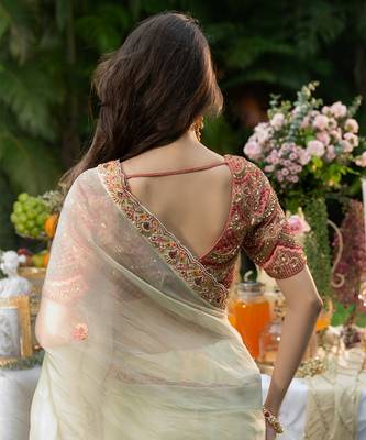 mint green organza saree with embroidered floral work 2