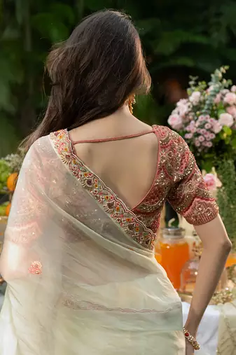mint green organza saree with embroidered floral work
