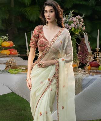mint green organza saree with embroidered floral work 3
