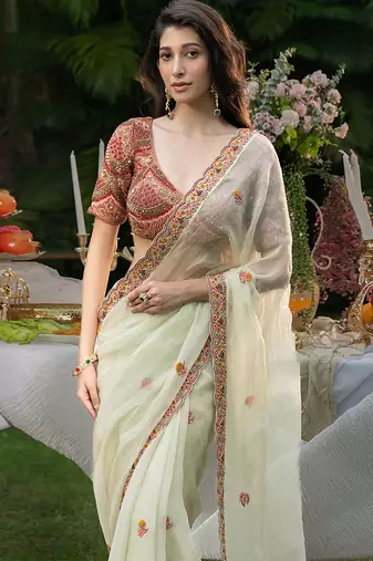 mint green organza saree with embroidered floral work