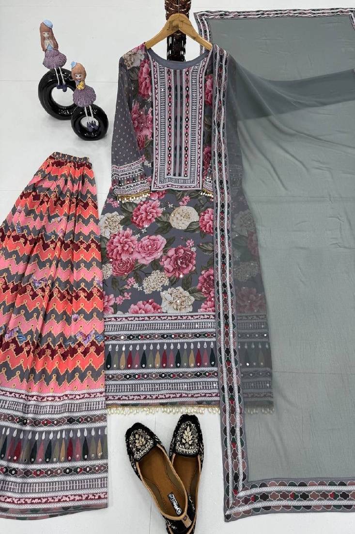 grey printed kurta sharara set