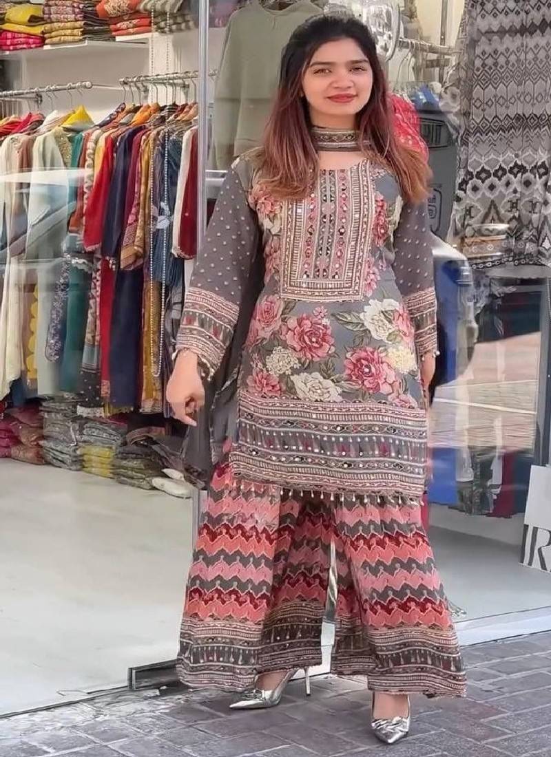 grey printed kurta sharara set