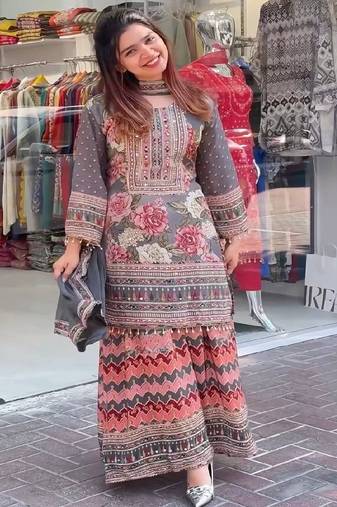 grey printed kurta sharara set