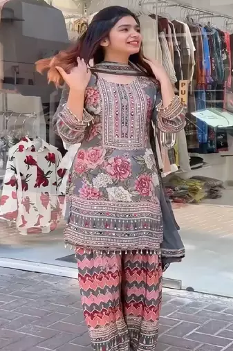 grey printed kurta sharara set