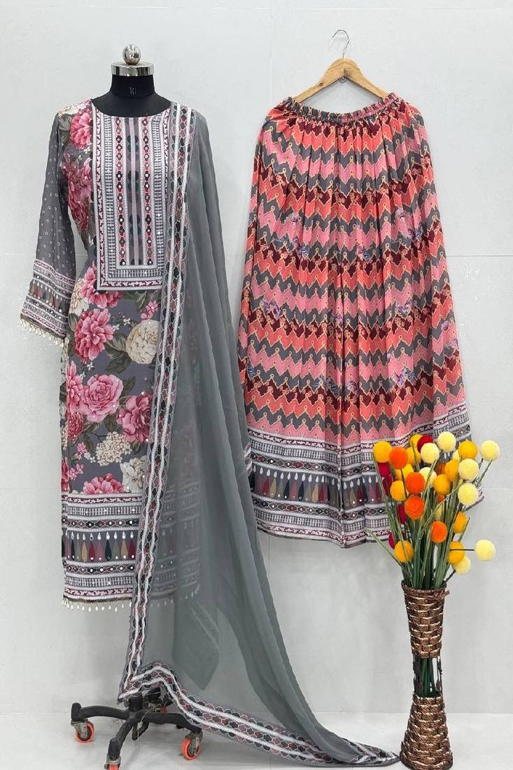 grey printed kurta sharara set