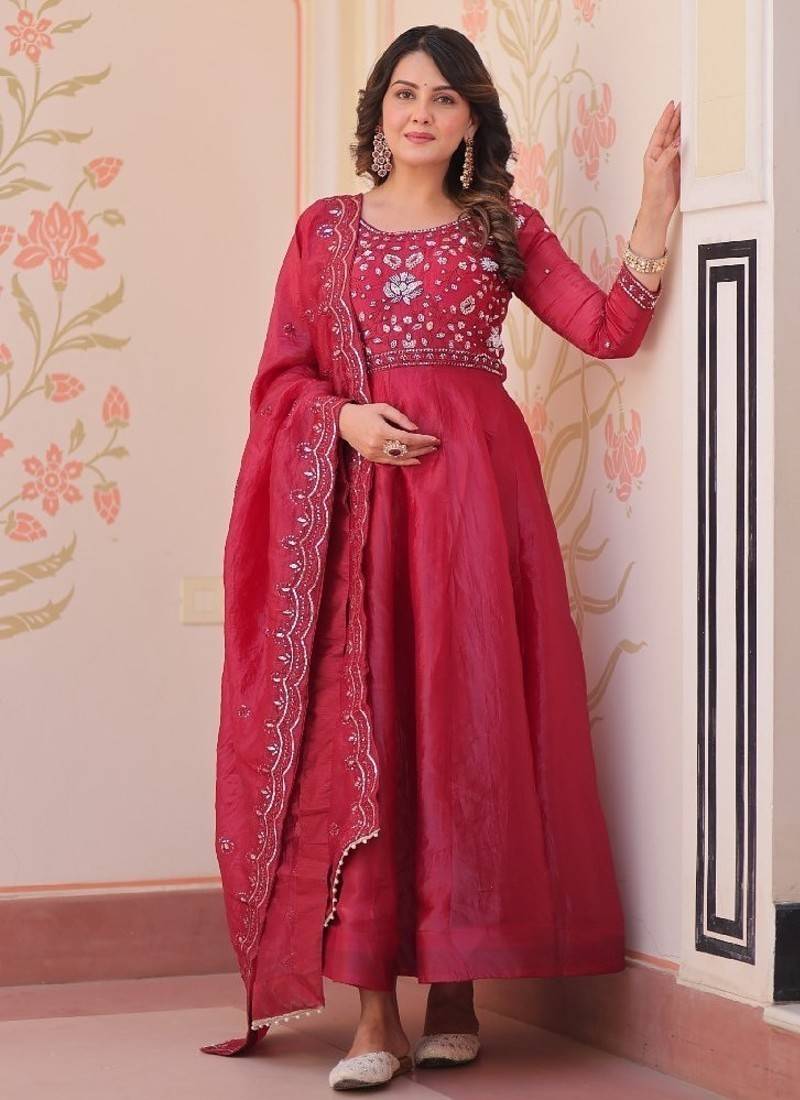crimson designer anarkali gown