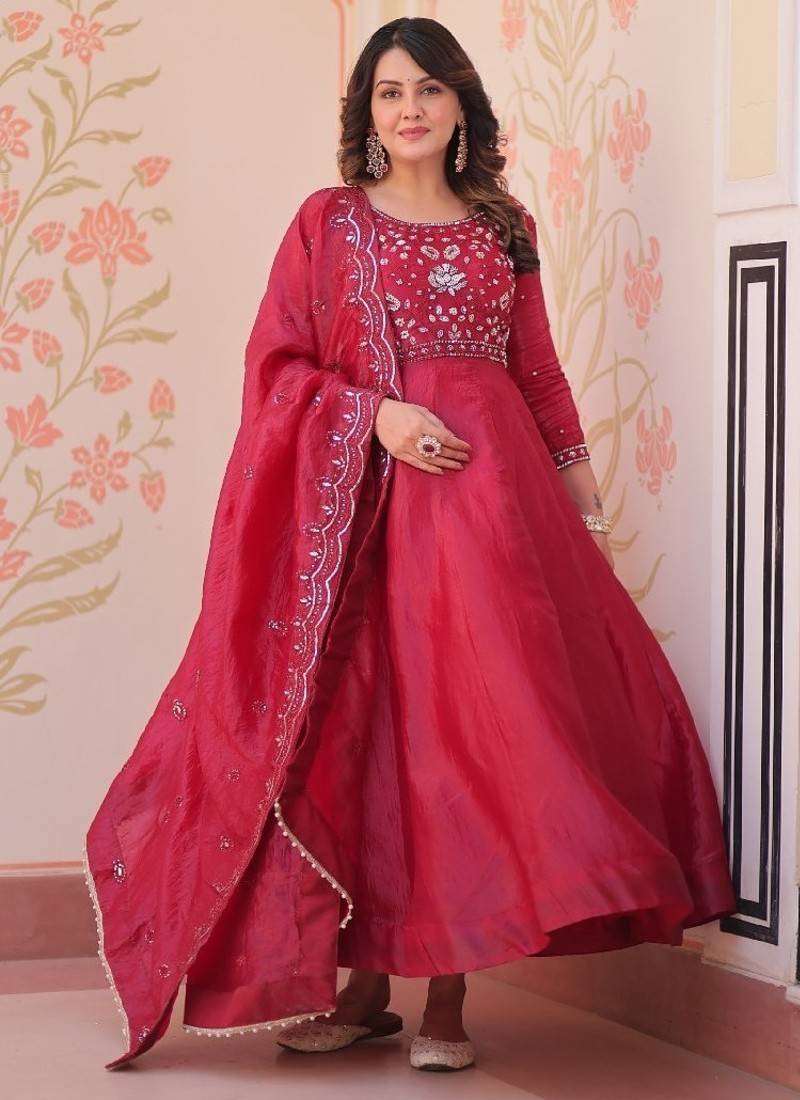 crimson designer anarkali gown