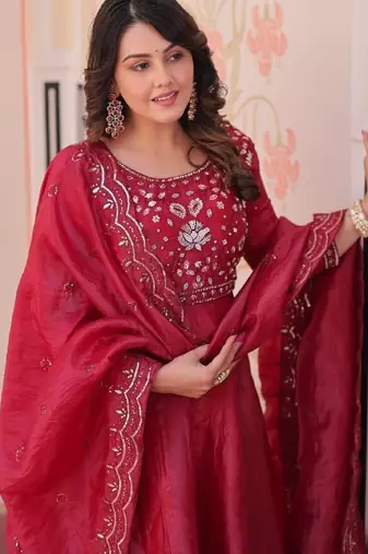 crimson designer anarkali gown