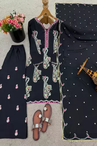 black embroidered straight suit