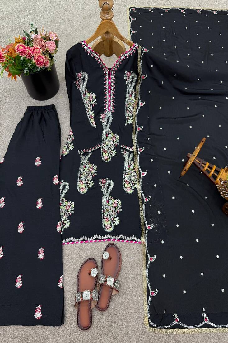 black embroidered straight suit