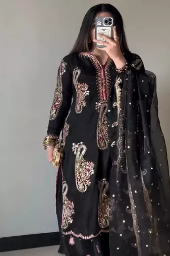 black embroidered straight suit