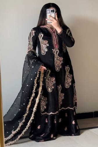 black embroidered straight suit